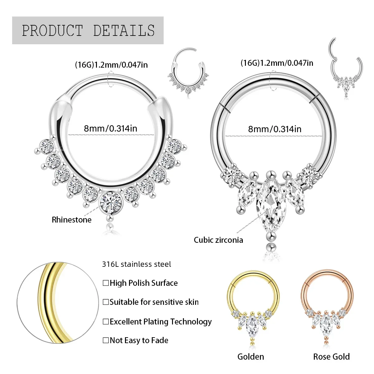 2Pcs 316L Surgical Steel Zirco - Septum Clicker Ring recensione e prezzo